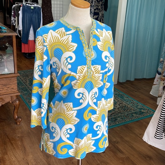 JMcLaughlin Blue/Gold Pattern Top/Tunic Size Medium - Picture 6 of 11